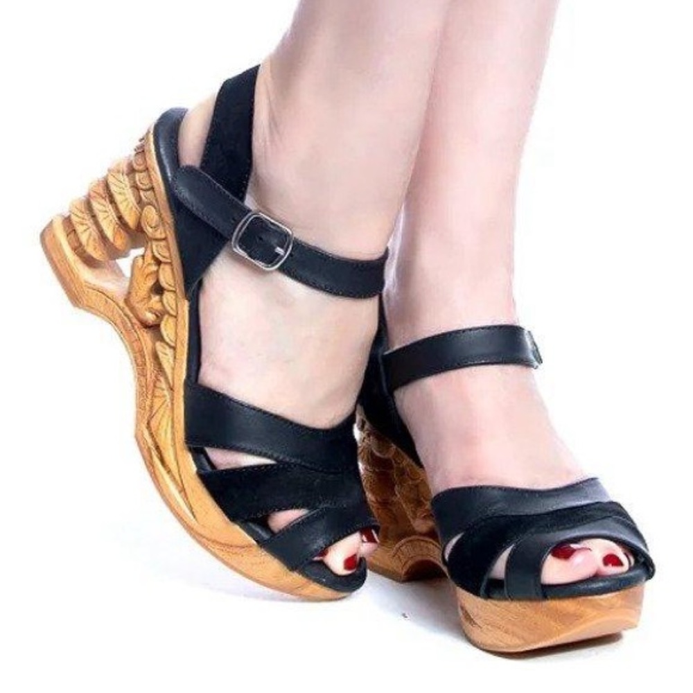 Black Wedge Sandals with Carved Heel